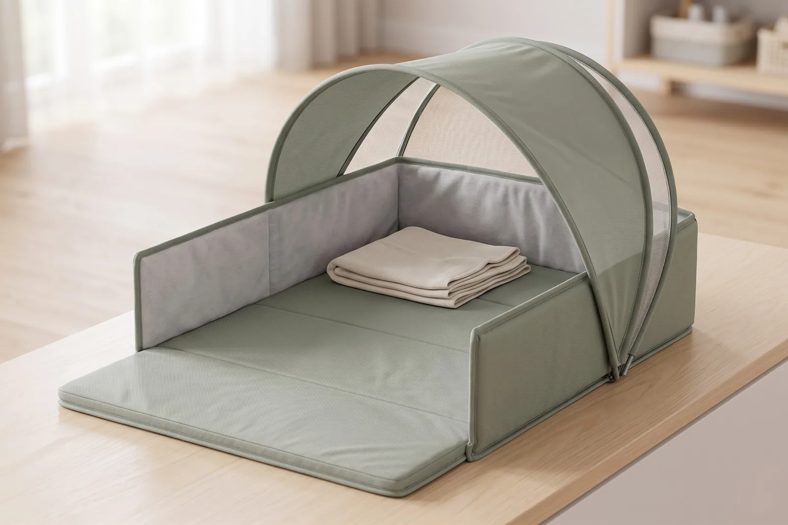 Nestly foldable changing mat with privacy canopy in sage green on a wooden table