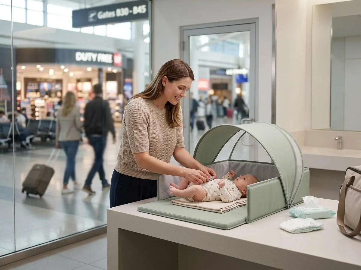 A parent changing a baby on Nestly at an airport
