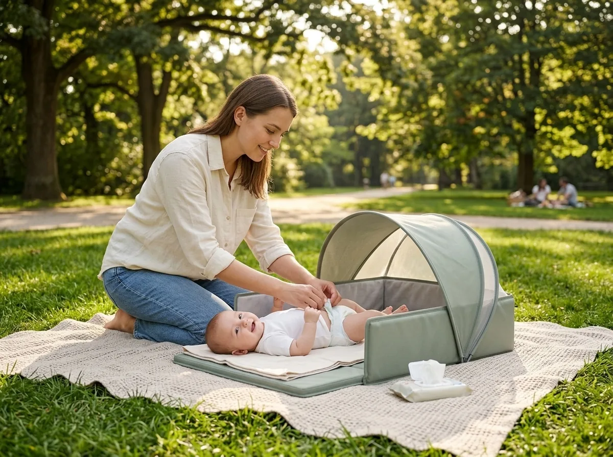 A parent changing a baby on Nestly on the grass in a park